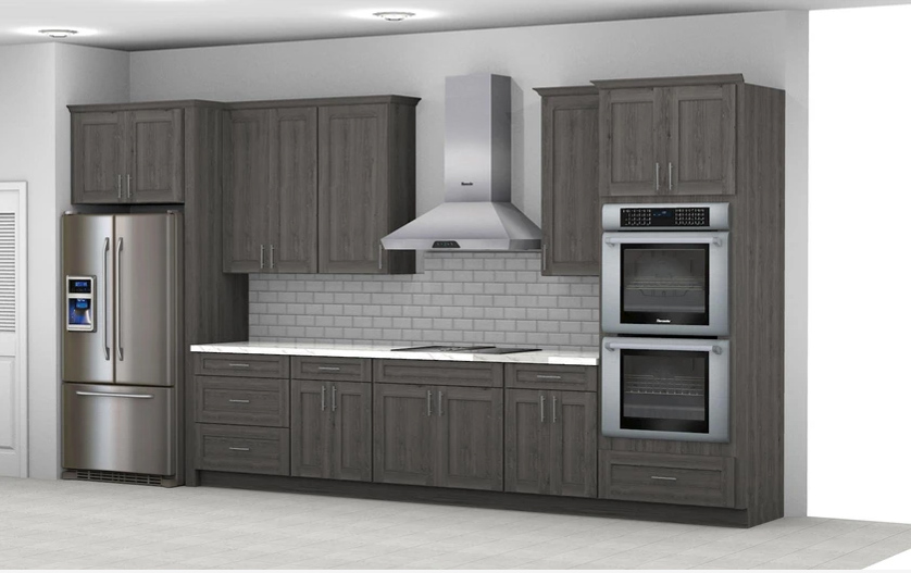 3D design rendering of kitchen with offset brick porcelain backsplash, townsquare grey kitchen cabinet doors and silver appliances
