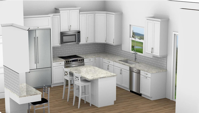a 3D design rendering of a kitchen that has an island with a granite countertop, and an Uptown white kitchen cabinet door