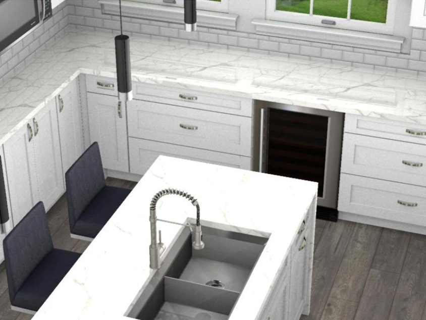 3D design rendering of a marble kitchen counter top and island with ice white shaker cabinets