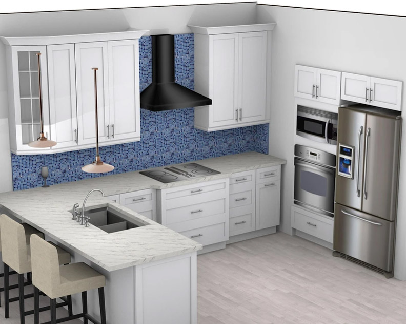 3D design rendering of a kitchen with ice white shaker design cabinets