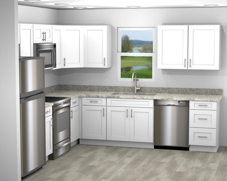 3D design rendering of a home kitchen with white kitchen cabinets, marble countertops and silver appliances