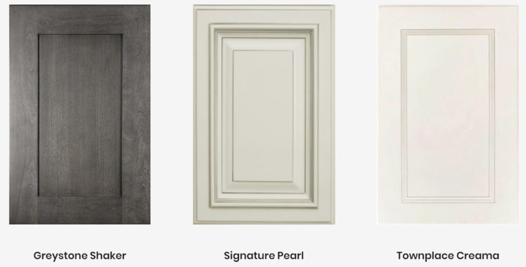 cabinet door style samples - greystone shaker, signature pearl, and townplace creama