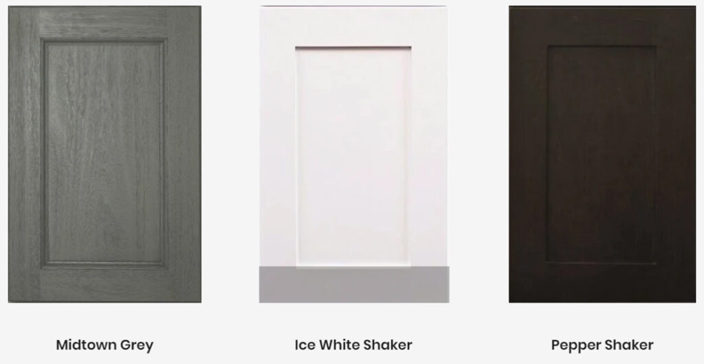 sample cabinet door styles - midtown grey, ice white shaker, and pepper shaker