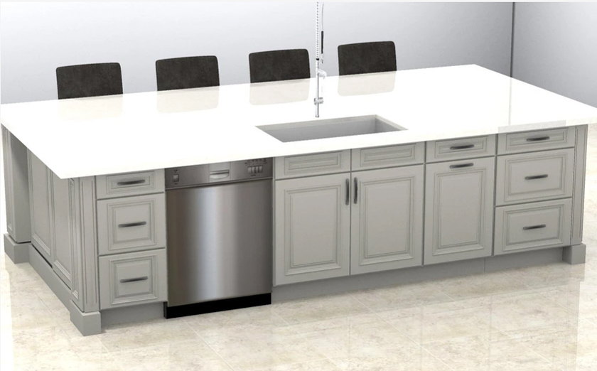 3D design of a kitchen island with four chairs, marble countertop and signature pearl cabinet door style