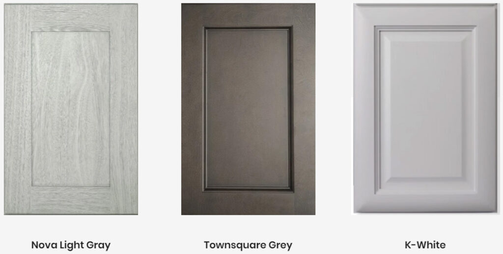 sample of cabinet door styles - nova light, gray, Townsquare grey, and k-white