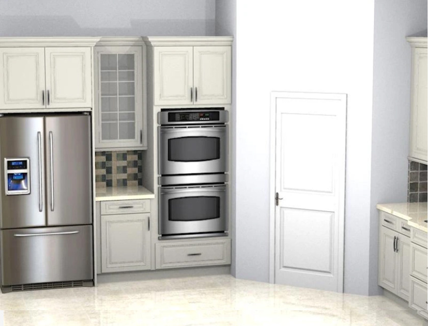 3D kitchen design with gramercy white kitchen cabinet door style, silver appliances and a white door at the corner