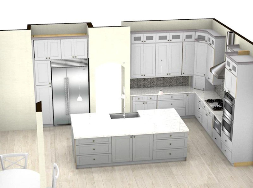 3D design of an L-shaped kitchen with quartz countertop and ice white shaker cabinet door style