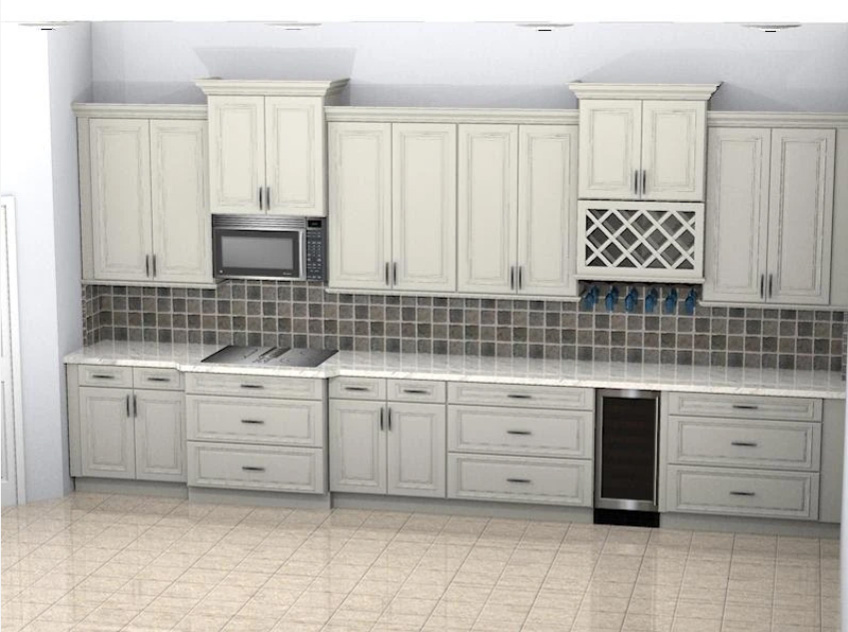 3D design of a modern kitchen with quartz countertop, signature pearl kitchen cabinet door style and a polished ceramic tile backsplash