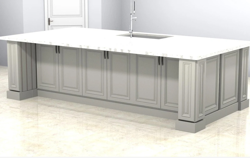 3D design of a kitchen island with quartz countertop and signature pearl cabinet door styles