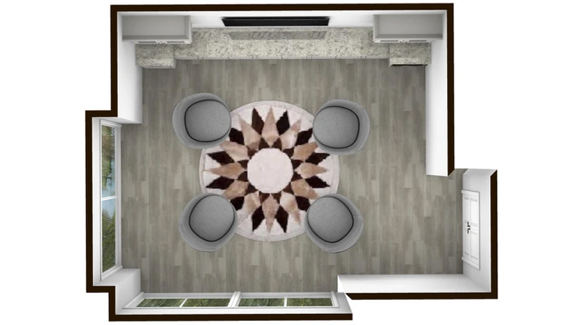 top view of a 3D design model of a kitchen and dining area of a house