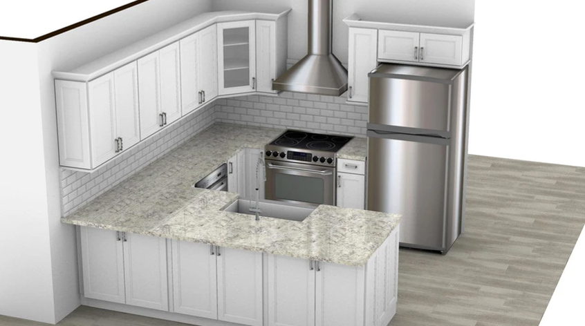 a 3D design rendering of a kitchen that has silver appliances, a granite countertop, offset porcelain backsplash and an Uptown white kitchen cabinet door style