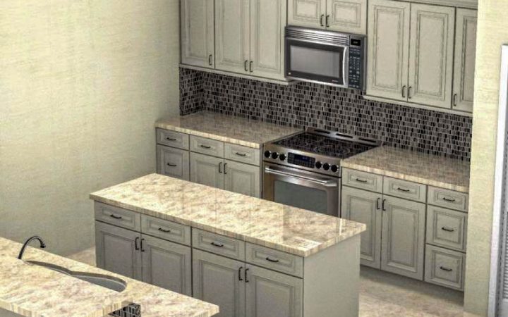 3D design of a kitchen, an island with granite countertop, and a signature pearl kitchen cabinet doors